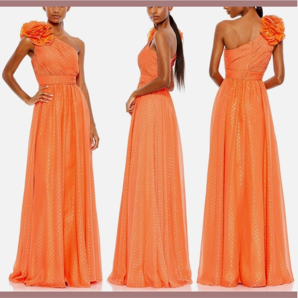 NWT MAC DUGGAL [ 6 ] Chiffon Polka Dot Ruffled One Shoulder Gown Tangerine Orang - Picture 2 of 13